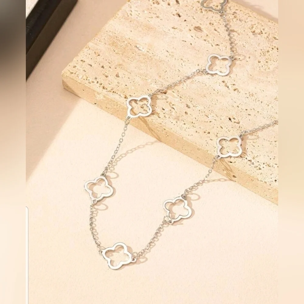 Four Leaf Clover Silver   Long  Necklace - Picture 3 of 4